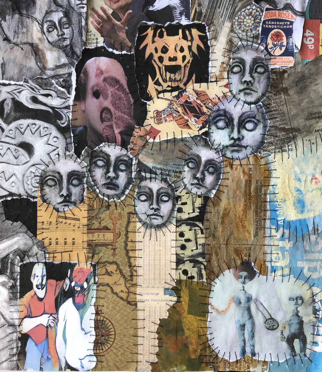 JoannaHartist's tweet photo. A close-up of a large Mixed Media collage Iβm working on. It has a vast assortment of images, ephemera and painted details all jammed in together.
..
#juxtaposition #abstractart #artfaces #workinprogress #mixedmediacollage #stitchingonpaper #outsiderart #rawart https://t.co/HirUEkI4Id