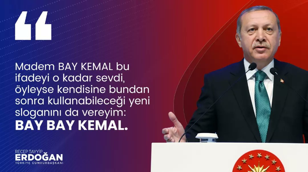 Genel Başkanımız’dan, Kılıçdaroğlu’na yeni slogan…

“Madem Kılıçdaroğlu Bay Kemal ifadesini çok sevdi, şimdi ona yeni slogan veriyorum. BAY BAY KEMAL.”
#BayBayKemal