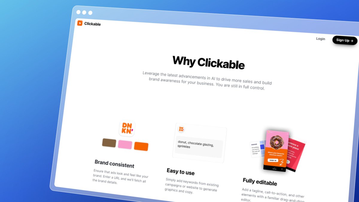 clickable_so's tweet photo. Ad creation is now more intelligent than ever.  

Clickable offers you new ideas and possibilities. With it, you can generate different ads based on your description with different taglines and colors.

#AIMarketing #GenerativeAI https://t.co/ebGwRbPH1F