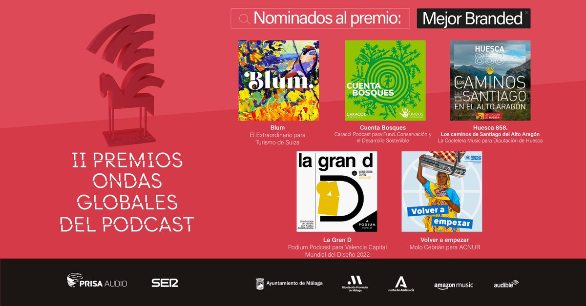 Premios_Ondas's tweet photo. 🗯️En la categoría ‘Branded-podcast’:
🔴Volver a empezar de @molo_cebrian
🔴Huesca 858 de @CocteleraMusic
🔴La Gran D de @PodiumPodcast
🔴Cuenta Bosques de @CaracolPodcast
🔴Blum de @Extraordinario
🗣️Las marcas hablan!
#OndasDelPodcast
#ElAudioNosMueve https://t.co/ZGUzjq7Nmg
