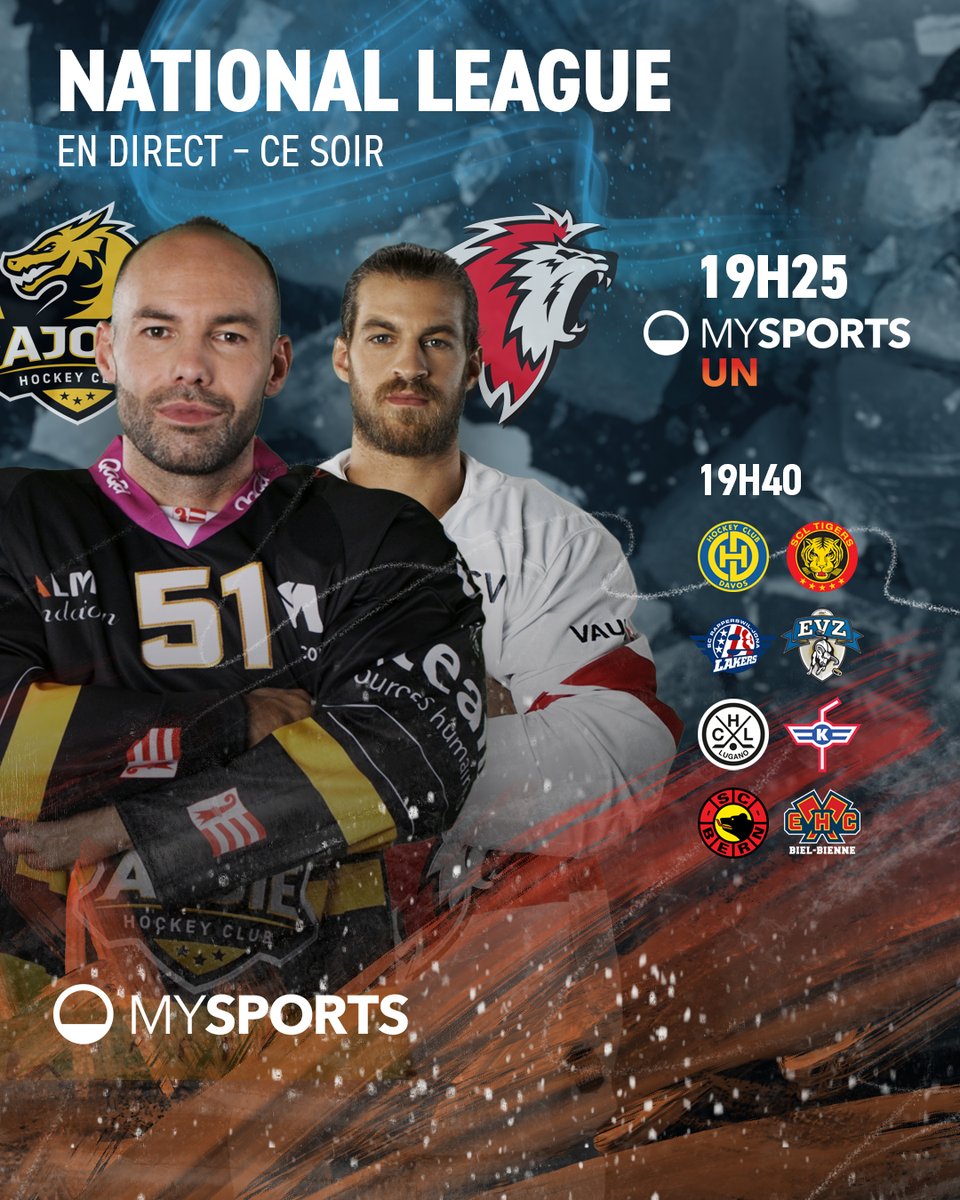 5️⃣ matchs ce soir en <a href="/NLch_official/">National League</a>. Alex, Stéphane et <a href="/Mieville23/">Alain Mieville</a> vous attendent en studio dès 19h25 pour la rencontre opposant le <a href="/HC_Ajoie_off/">Hockey-Club Ajoie</a> au <a href="/lausannehc/">Lausanne Hockey Club</a>.

Sur notre app 📱 ou nos chaînes 📺:
#HCALHC UN
#HCDSCL 2️⃣
#SCRJEVZ 3️⃣
#HCLEHCK 4️⃣
#SCBEHCB 6️⃣