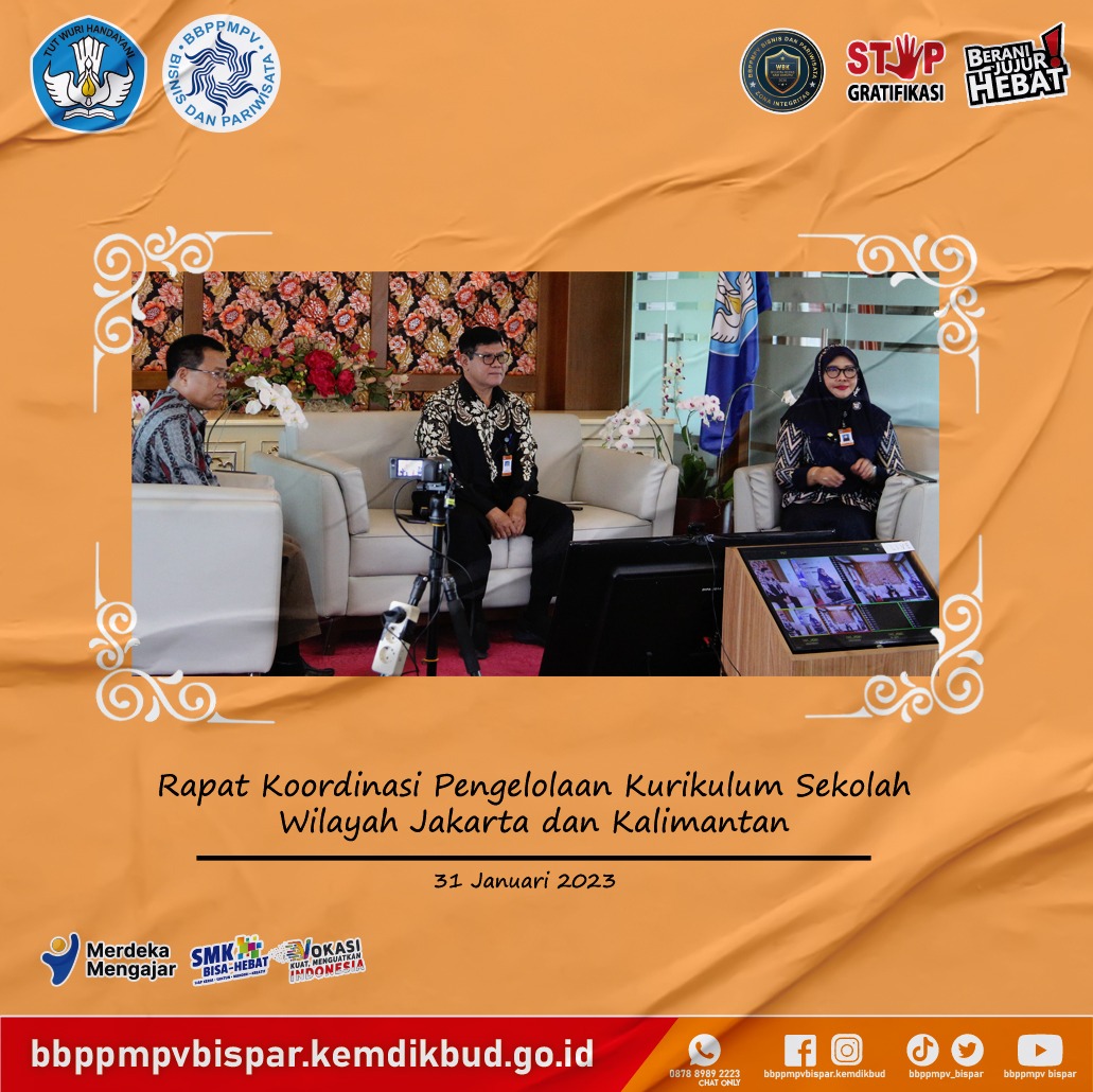 bbppmpv_bispar's tweet photo. BBPPMPV Bisnis dan Pariwisata menyelenggarakan Rapat Koordinasi Pengelolaan Kurikulum Sekolah, untuk Wilayah DKI Jakarta dan Kalimantan, melalui media daring, Selasa (31/1) 

#bbppmpvbispar
#merdekamengajar
#webinarbispar23
#kamivokasi
#vokasikuatmenguatkan https://t.co/GkzuVxFztg