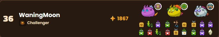 Top 40 for this era! Managed to grind it out by teching in a Lotus (possible since I'm playing Swirl-sustain and not Swirl-lock). Could've gotten higher if I had camped when I hit 1926 and before Jinx started to trend but I'm happy with this finish anyway and with budget Axies.