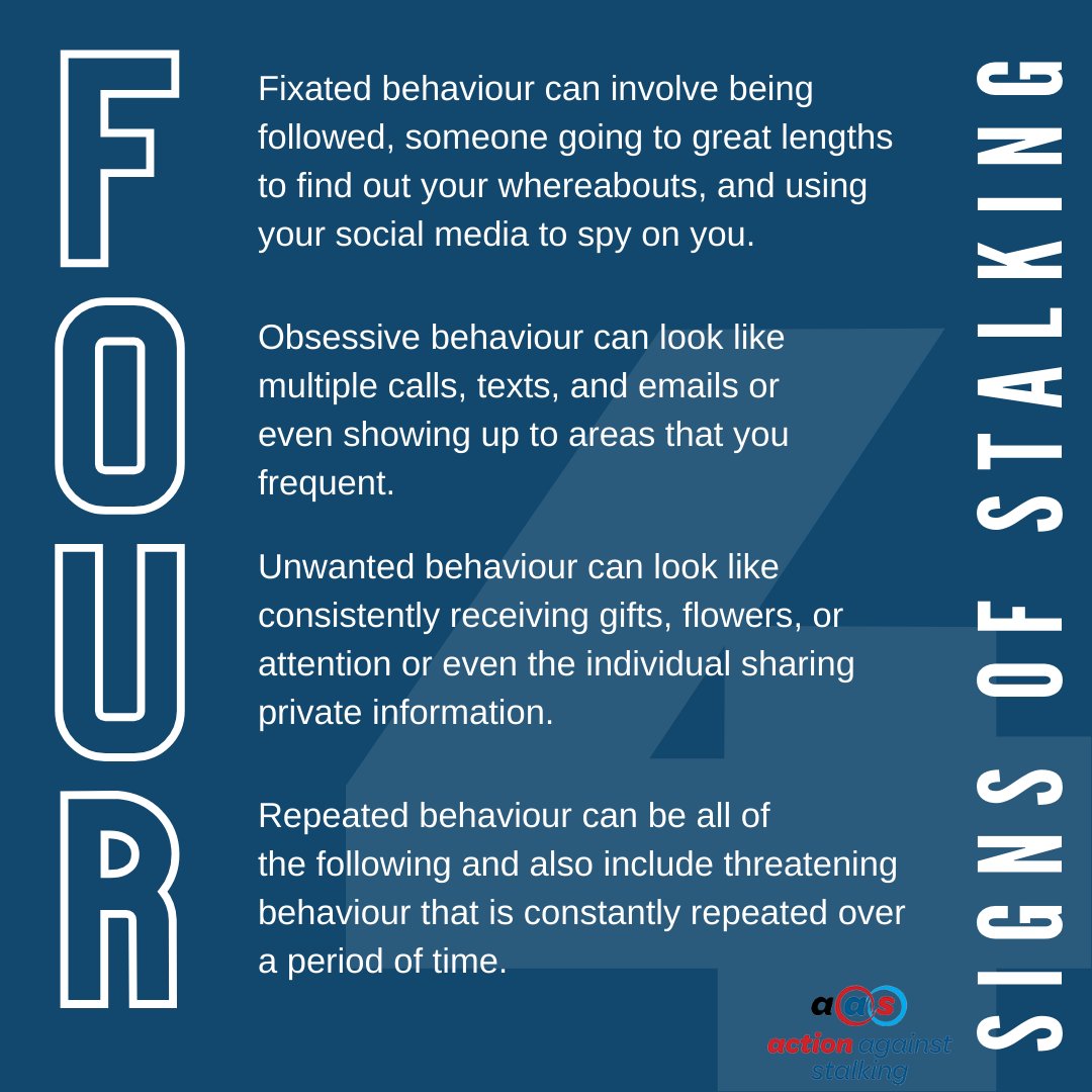 Knowing the acronym FOUR to spot the signs of stalking can help you identify if you or someone you know is experiencing stalking. 
#StalkingAwareness #Cyberstalking #FOUR #KnowItNameItStopIt