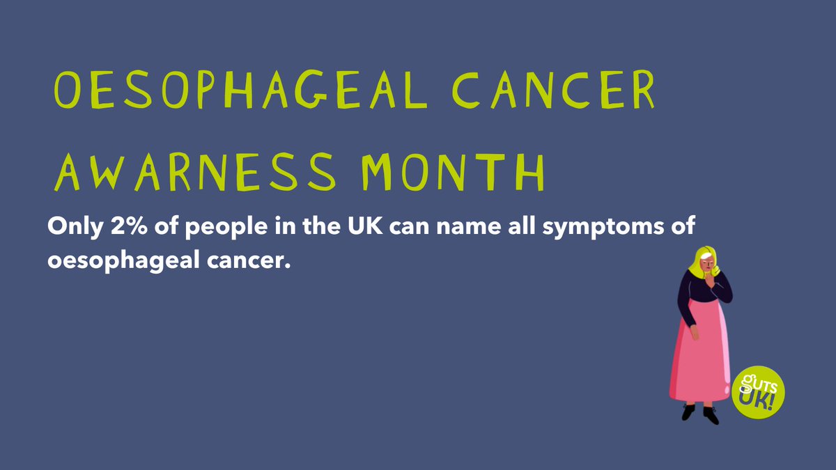 February is oesophageal cancer awareness month 💚. Only 2% of people in the UK can name all symptoms of oesophageal cancer. This has to change. 1/🧵 #OesophagealCancerAwarenessMonth