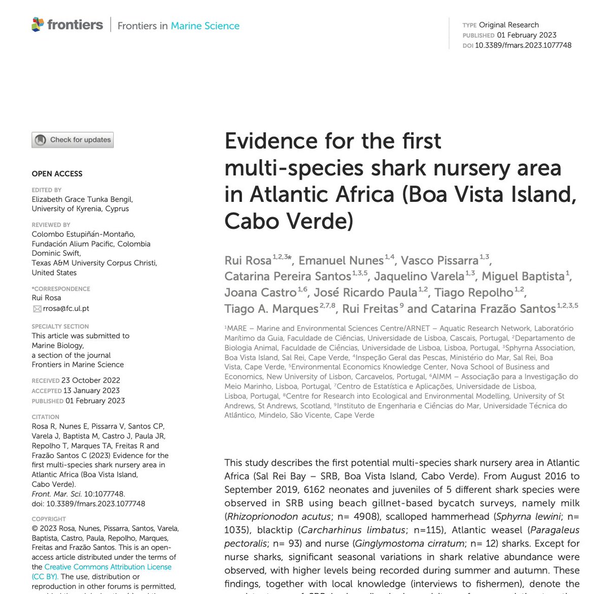ProjectNgandu's tweet photo. Our new paper is out in @FrontMarineSci!

The first potential multi-species #shark #nursery area in Atlantic Africa is located in Boa Vista Island, and used by at least 5 different shark species!! 🦈🦈

Find more below! #NGANDUproject @MARE_center @FC_UL

https://t.co/SbOYM6Q70b https://t.co/ZhBK0zMkkn