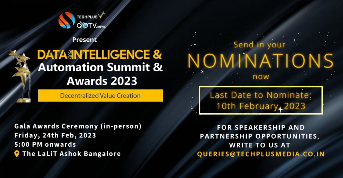 cxotvnews's tweet image. The CXO Data Intelligence &amp;amp; Automation Awards recognize the leaders who are raising the bar on the very definition of success. 

Join the league of outstanding Data, Analytics, AI &amp;amp; Automation leaders at the #DataIntelligenceSummit. Send your nominations - lnkd.in/dGCU3wuT