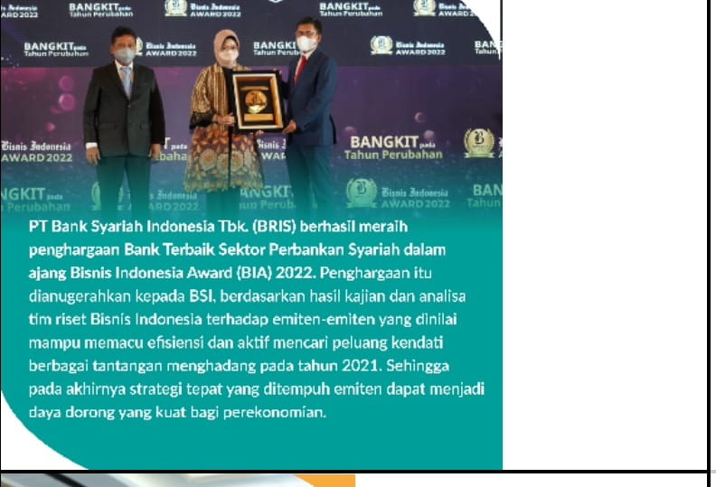 ezaizqiyan's tweet photo. Dalam ajang Bisnis Indonesia Award (BIA) 2022, BSI meraih penghargaan Bank Terbaik Sektor Perbankan Syariah 👍
#Milad2thBSI https://t.co/KB701sgNGx