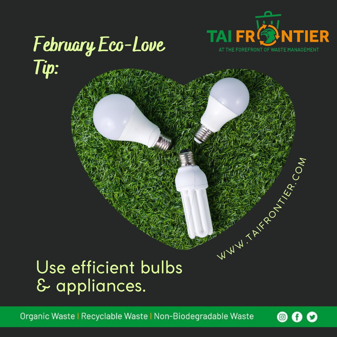 Taifrontier's tweet photo. Happy February. Here's an Eco-Love Tip: Use energy efficent bulbs and appliances.
#MondayMotivation #EcoLove #Productivity #EcoFriendly #WasteManagement #OrganicWaste #RecyclableWaste #NonBiodegradable #PostConstructionCleanUp #Upcycle #Reduce #ReUse #Recycle https://t.co/fUhtzYFeHV