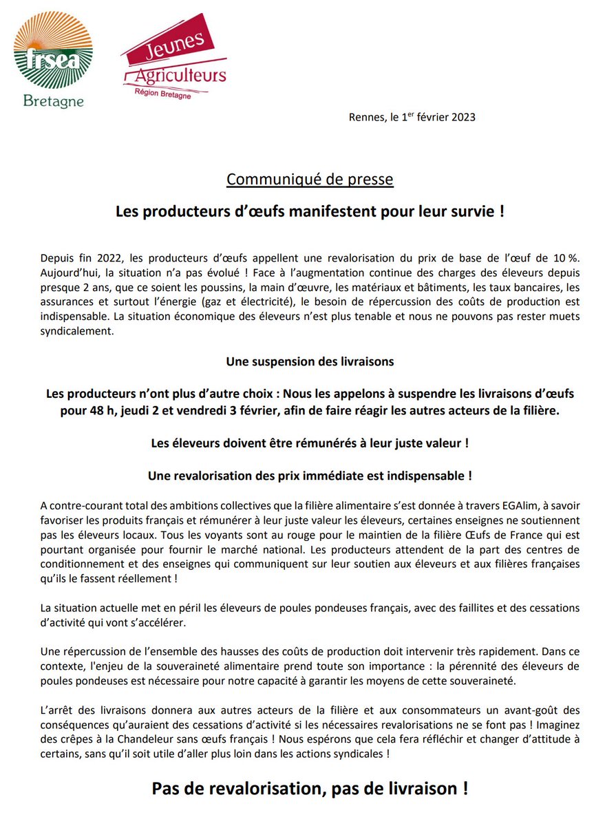 Les producteurs d'œufs manifestent pour leurs survie : pas de revalorisation, pas de livraison ! <a href="/JABretagne/">JA Bretagne</a> <a href="/FRSEA_Bretagne/">FRSEA Bretagne</a> <a href="/FNSEA/">La FNSEA</a>