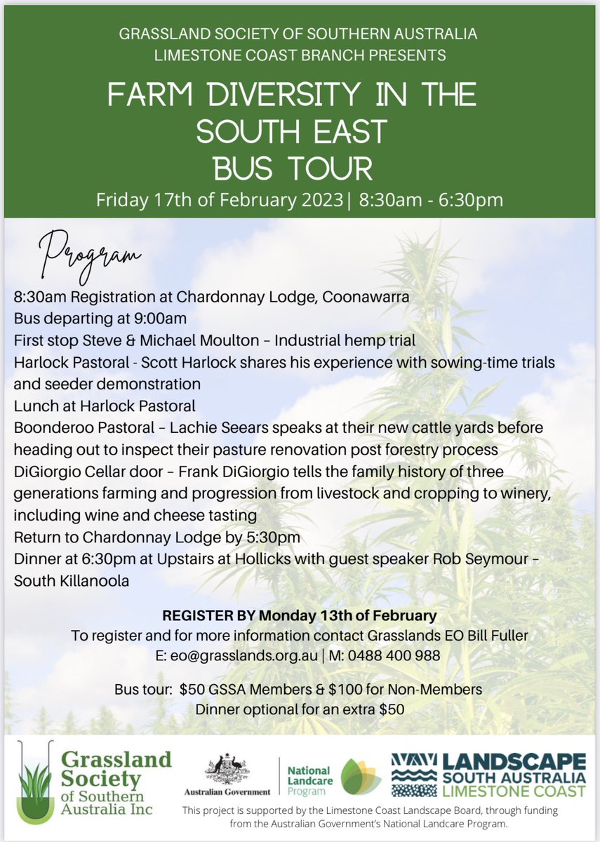 The Limestone Coast branch of Grasslands Society is having a bus tour in SE South Australia. A very diverse tour and will be a very informative day. There is a dinner at @hollickwines which will be a meal not to miss. DM me if you have trouble registering. <a href="/Grasslands_Org/">Grassland Society</a>