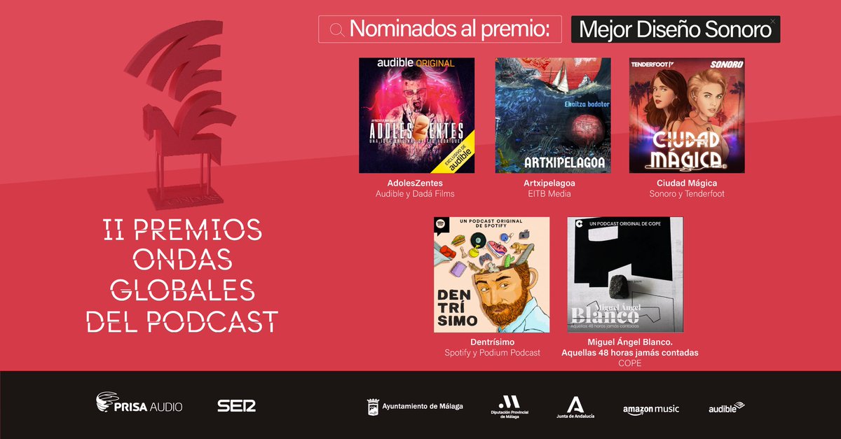 🗯️En la categoría de ‘Diseño sonoro’ 🔴AdolesZentes de @Audible_ES 🔴Artxipielagoa @eitbpodkast 🔴Ciudad Mágica de @SonoroPodcast 🔴Miguel Ángel Blanco de @COPE 🔴Dentrísimo de @Spotify 🎧Cómo suenan! #OndasDelPódcast #ElAudioNosMueve