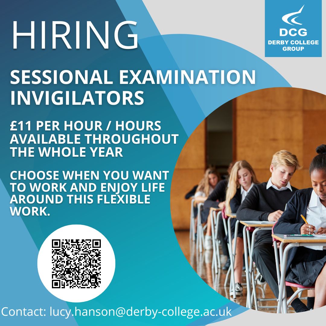 DCG_Apprentice's tweet image. Exciting opportunity! Join the #ExamsTeam at #DerbyCollege as an #Invigilator. Use your strong organizational and interpersonal skills to support exam administration and ensure regulatory compliance. Full training provided. Flexible work hours and paid hourly. Apply now
