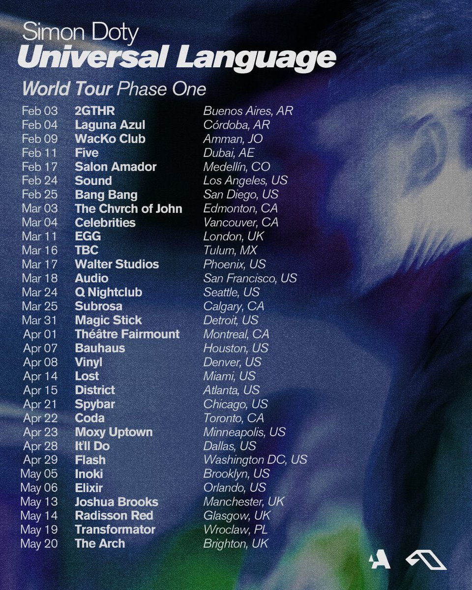 Anjunadeep's tweet photo. .@SimonDoty is going on tour ✈️
See where he's heading below, and get your tickets now ➜ https://t.co/xuoVAw5ltZ
Pre-order his upcoming album 'Universal Language', out April 28 ➜ https://t.co/Nr3fIK1vyd https://t.co/ZCc3vQzlBc