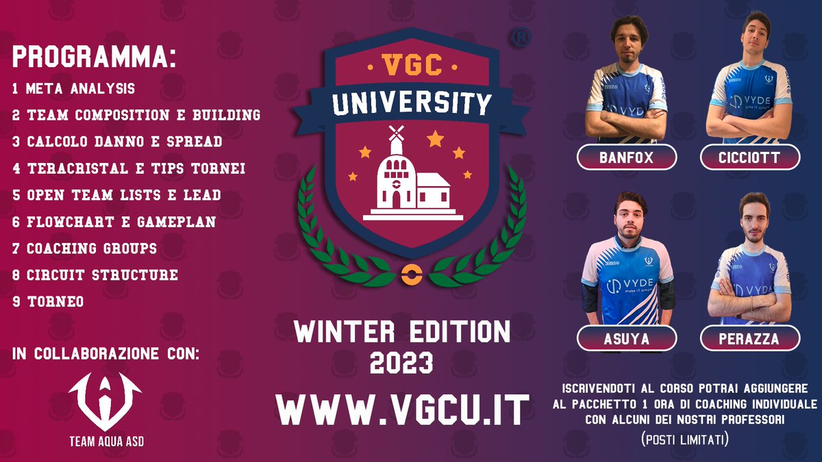 Voglia di imparare o rispolverare le vostre conoscenze VGC? Con il corso  Winter Edition 2023 potete farlo seguiti da alcuni dei giocatori italiani più performanti al momento! 
Inoltre ci sarà una lezione sulla struttura del circuito seguita dal direttore <a href="/PeRaZzaVGC/">PeRaZza</a>