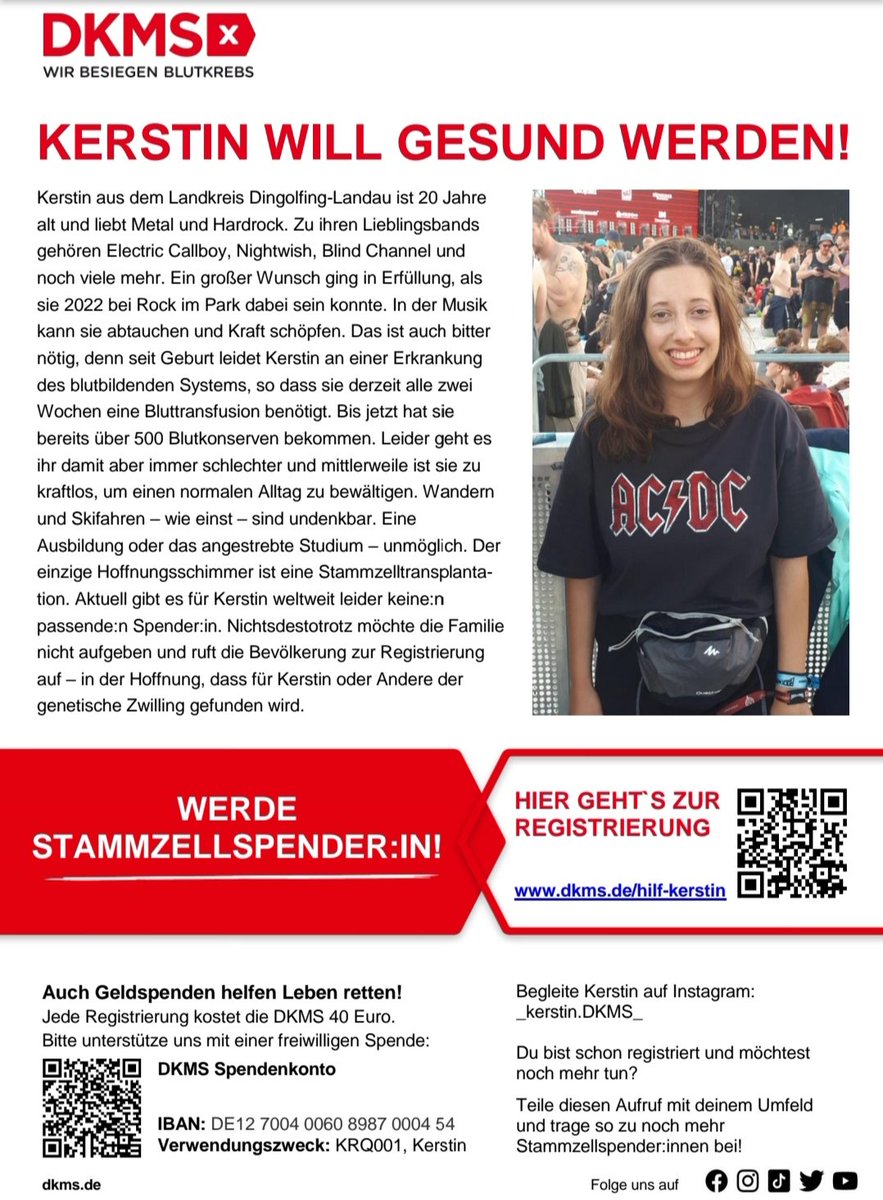 Hallo Twitter Bubble, ich hoffe ich erreiche genug Hilfsbereite Menschen die diesen Beitrag teilen oder sogar bereit sind zu spenden.
Kerstin ist eine gute Freundin von mir und der liebste Mensch den ich kenne. Jede Hilfe zählt! <a href="/DKMS_de/">DKMS Deutschland</a> dkms.de/aktiv-werden/o…