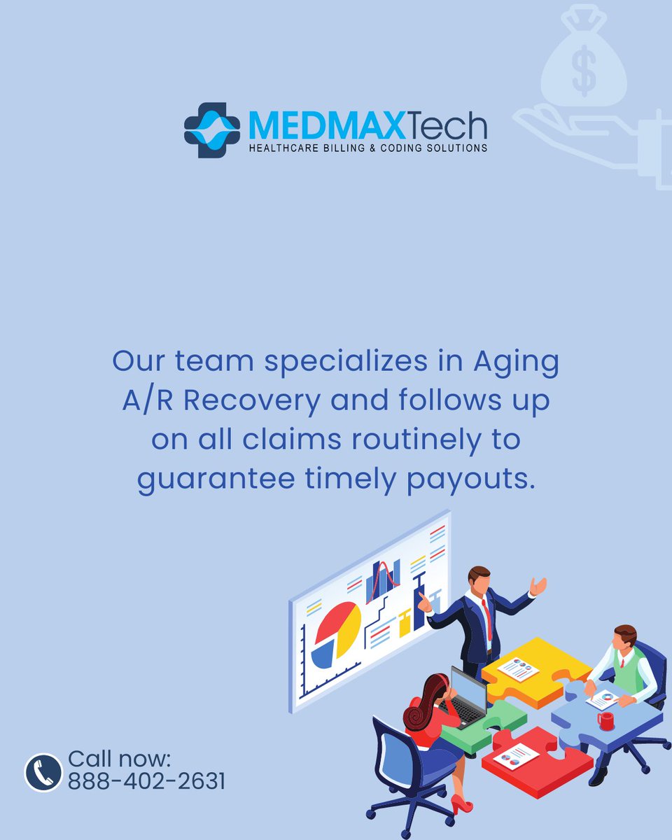 MedmaxTech's tweet image. If you're having trouble keeping up with outstanding payments it may be time to outsource this task to an experienced medical billing company like Medmax.

#AR #AccountReceivables #insurancedenials #insuranceclaims #deniedclaims #ARfollowup #claimfollowup #MedMaxTechnologies