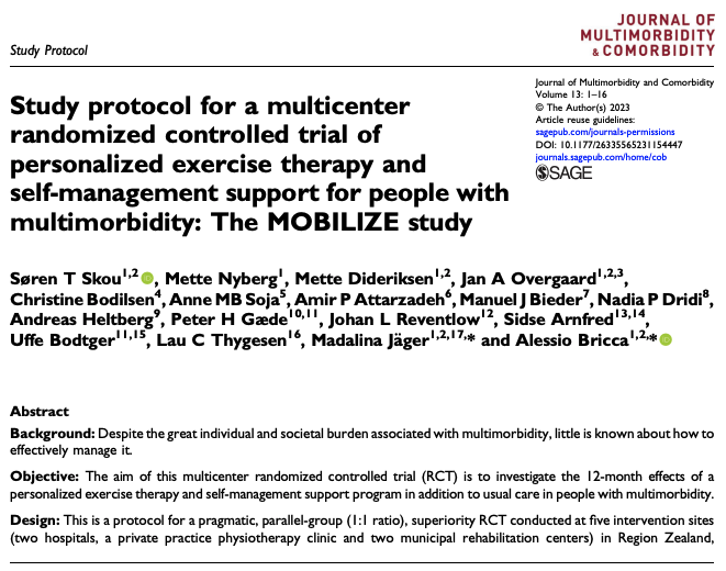 🥁 New milestone achieved for the @MobilizeDk project.

The RCT protocol paper is out 👇

Have a look at what we're doing!

#exercisetherapy #selfmanagement #multimorbidity

journals.sagepub.com/doi/10.1177/26…