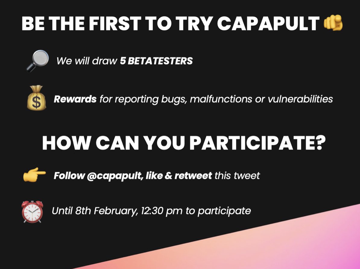 solid_capa's tweet photo. Want to be the first to experience the power of #Capapult protocol? 🫵 #CapapultBetatester

👉 Follow @capapult, like &amp; retweet to participate in the draw for 5 Betatester who will receive rewards for each vulnerability and bug detected* 💰

*Learn more ➡️ https://t.co/PPWToEKWhR https://t.co/fFygRHaMpw