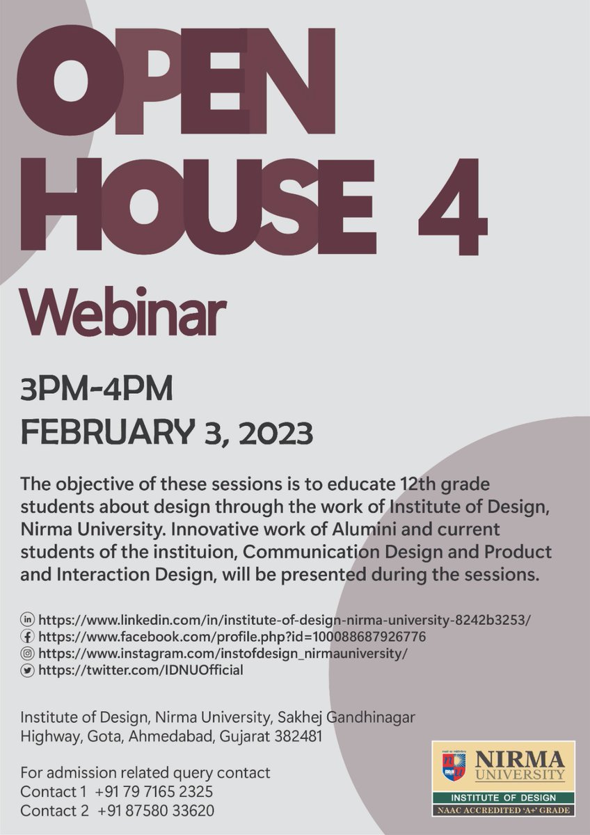 IDNUOfficial's tweet image. The Institute of Design, Nirma University welcomes you to attend our Open House webinar where our creative students will display their innovative work to give you a flavour of interesting design subjects. 
@IDNUOfficial @NirmaUniTweets 
#instituteofdesign #nirmauniversity #design