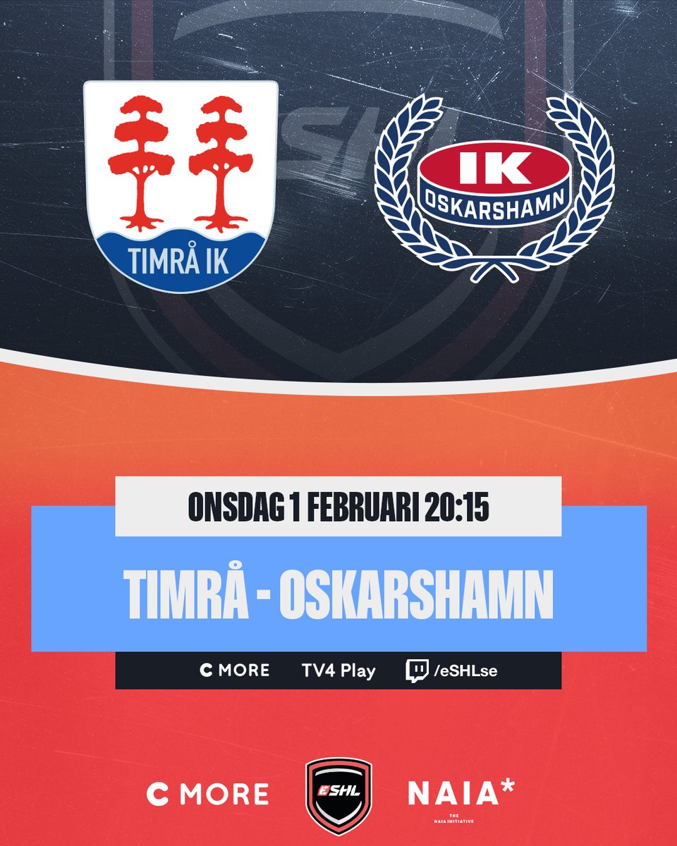 I den sena matchen i kvällens huvudsändning ser vi <a href="/timra_ik/">Timrå IK</a> ta sig an <a href="/EsportIko/">iko.esport</a>!  🎮🏒

Följ live från 20.15 på:

C More - bit.ly/eSHL-CMORE
TV4 Play - bit.ly/eSHL-TV4Play
Twitch - bit.ly/eSHL-Twitch

#eSHLse #NHL23 <a href="/iko_officiell/">IK Oskarshamn</a>
