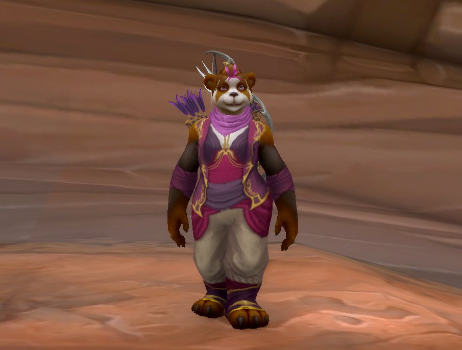 SelfieSpec's tweet photo. Already dressed in pinks and purples anticipating the Love is in the Air event (the Love Rocket will be mine this year...) plus that new cosmetic scarf is just the cutest on my lil Panda😻

#Warcraft
#Dragonflight 
#worldofwarcraft 
#LoveisintheAir https://t.co/oQ3Bl2Rivr
