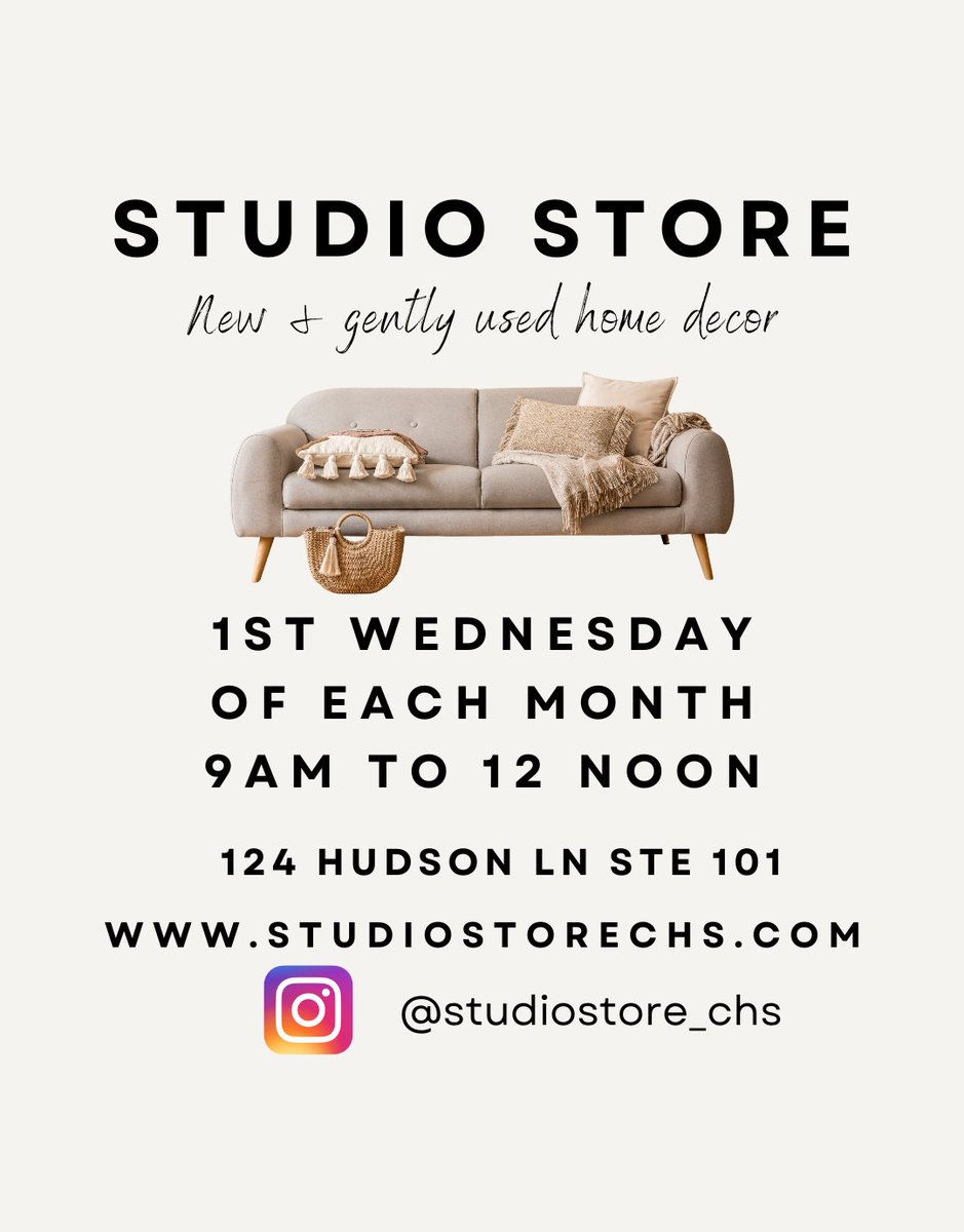 Shop at our Studio Store! Open Today! Wednesday Feb 1st 9am to 12noon
Gently used and NEW home decor! 
124 Hudson Lane suite 101
Open 1st Wednesday of each month
#charlestonsc
#shoplocal 
#charlestonshopping