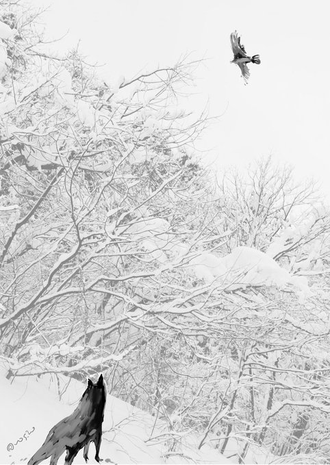 いままで描いた動物(抜粋)。
オオカミと鳥は、お借りした雪景色の写真を加工して描き足したもの。 