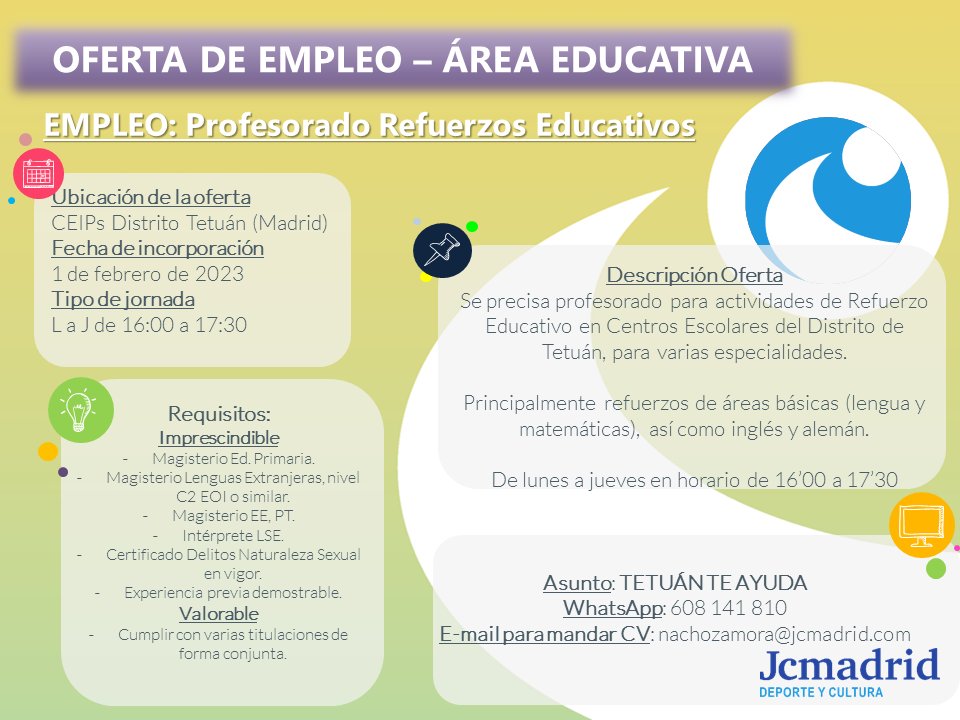 JCMadrid_DC's tweet photo. 🆕 OFERTA DE EMPLEO

Si te interesa o conoces a alguien que busque trabajo de estas características no dudes en ponerte en contacto

🔄 Para ayudar a darle más difusión!

#Tetuan #Profesor #Profesora #Refuerzoeducativo #Educacuón #OfertasDeEmpleo https://t.co/OmZsyiIrdx