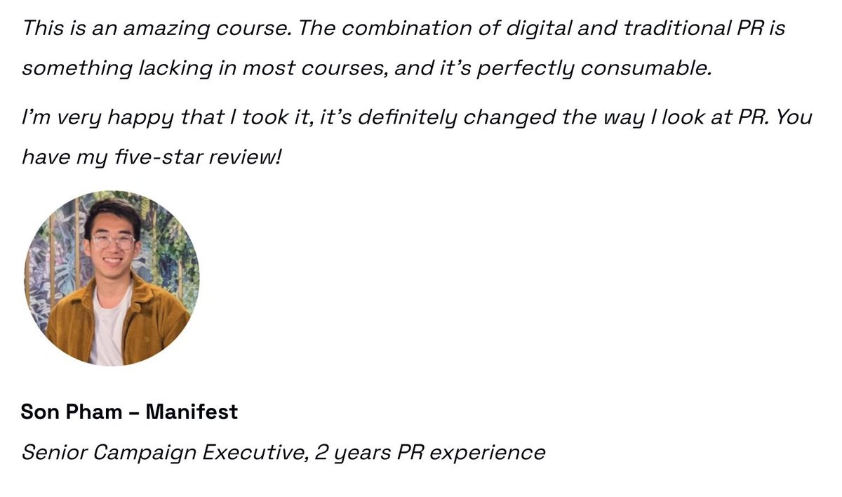 What do our current students say about the The High Flyers PR Course?

<a href="/beyondson_/">Son Pham</a> gave it this ⭐️⭐️⭐️⭐️⭐️ review

Wonder if our 3rd April course can help PRs with 0-4 yrs’ exp in your team?

Sign-up for our drop-in Q&amp;A or download our free brochure here:

eepurl.com/h_AxAX