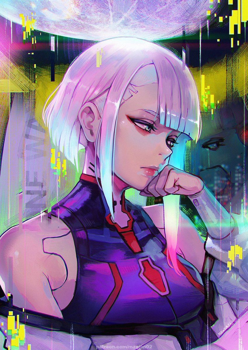 lucy (cyberpunk) 1girl solo red eyeliner cyberpunk bare shoulders bangs moon  illustration images