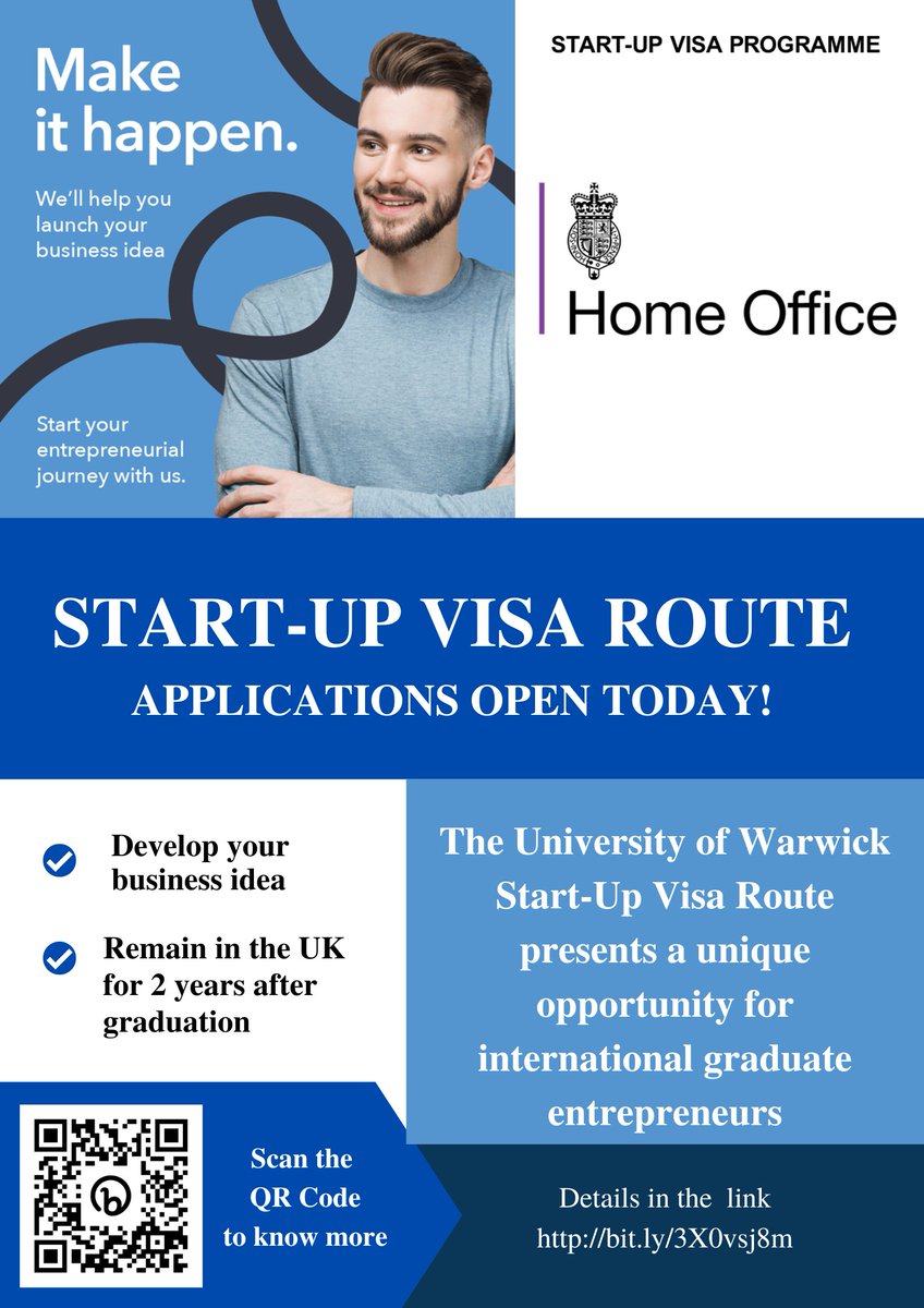 Applications open today for the University of Warwick Start-up Visa Route! The #startup visa route supports #innovation #enterprise and presents a unique opportunity to develop your #business idea under the Start-up Visa. Check the details in the link : bit.ly/3X0vsj8