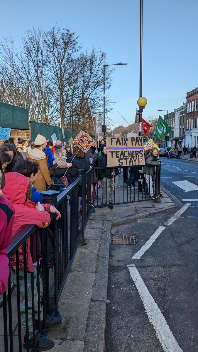 Rousing picket line of teachers, children and parents (and dogs) #TeachersStrike #NEU