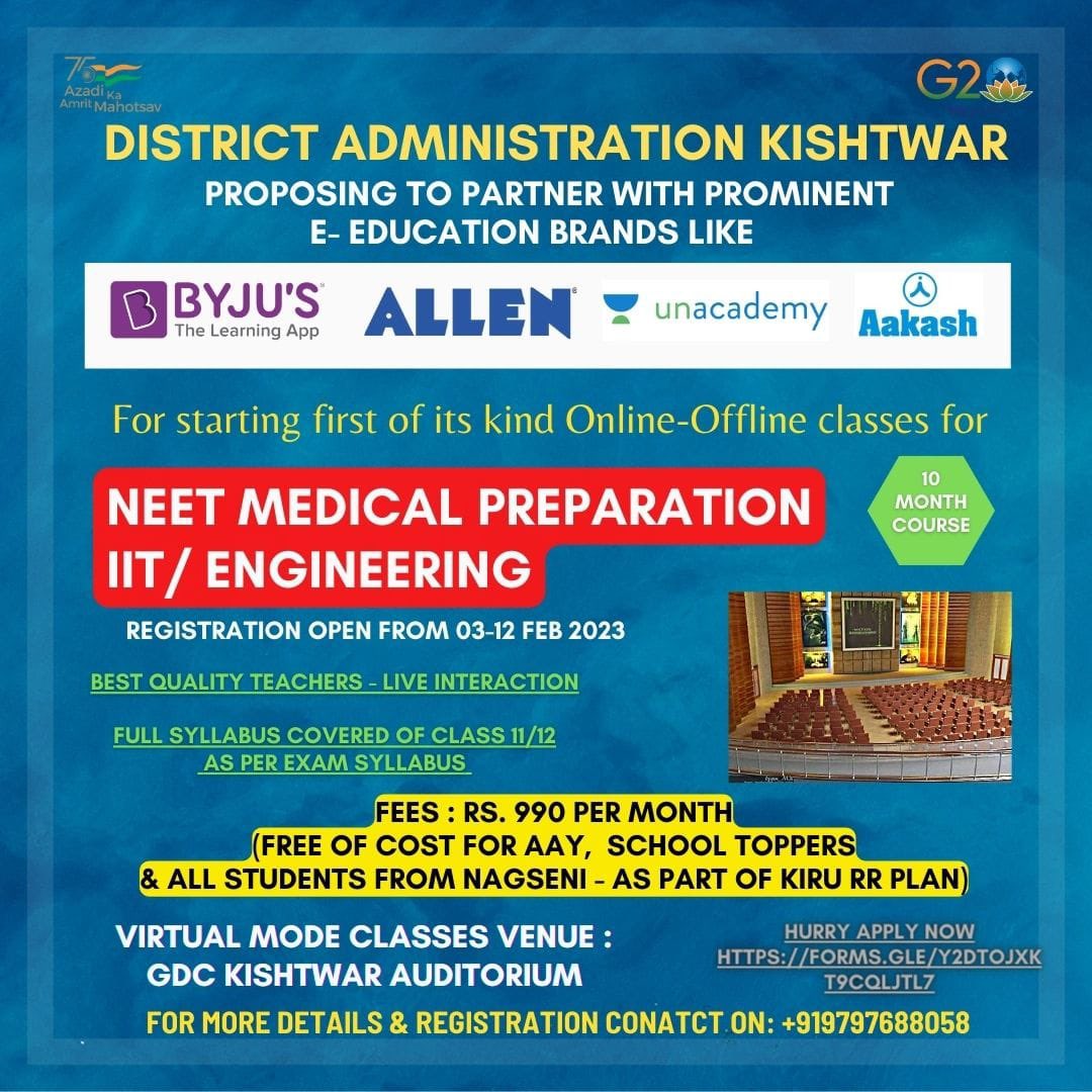 Devansh_IAS's tweet photo. Now students of Kishtwar- don’t need to go to metro cities for competitive exams preparations!!

Medical #NEET and Engineering #JEE coaching now available in online-offline mode by best facilities from across the country in Kishtwar✌🏽

#JEEMain2023 @OfficeOfLGJandK @Divcomjammu https://t.co/HoUcmxQHee