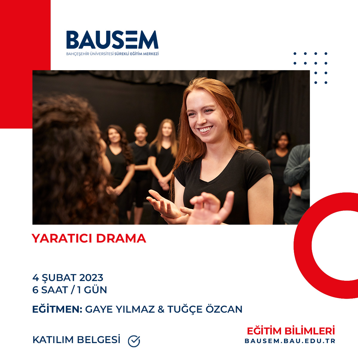 BAU Professional (@bauprofessional) on Twitter photo Yaratıcı dramayı hayatınıza dahil ederek sosyal yönlerinizi geliştirmek için, “Yaratıcı Drama Eğitimi”
Bilgi almak ve kayıt olmak için: 0212 381 59 37 📞 veya merve.tansuker@bau.edu.tr ✉️
#BAUSEM #YaratıcıDrama Yaratıcı dramayı hayatınıza dahil ederek sosyal yönlerinizi geliştirmek için, “Yaratıcı Drama Eğitimi”
Bilgi almak ve kayıt olmak için: 0212 381 59 37 📞 veya merve.tansuker@bau.edu.tr ✉️
#BAUSEM #YaratıcıDrama