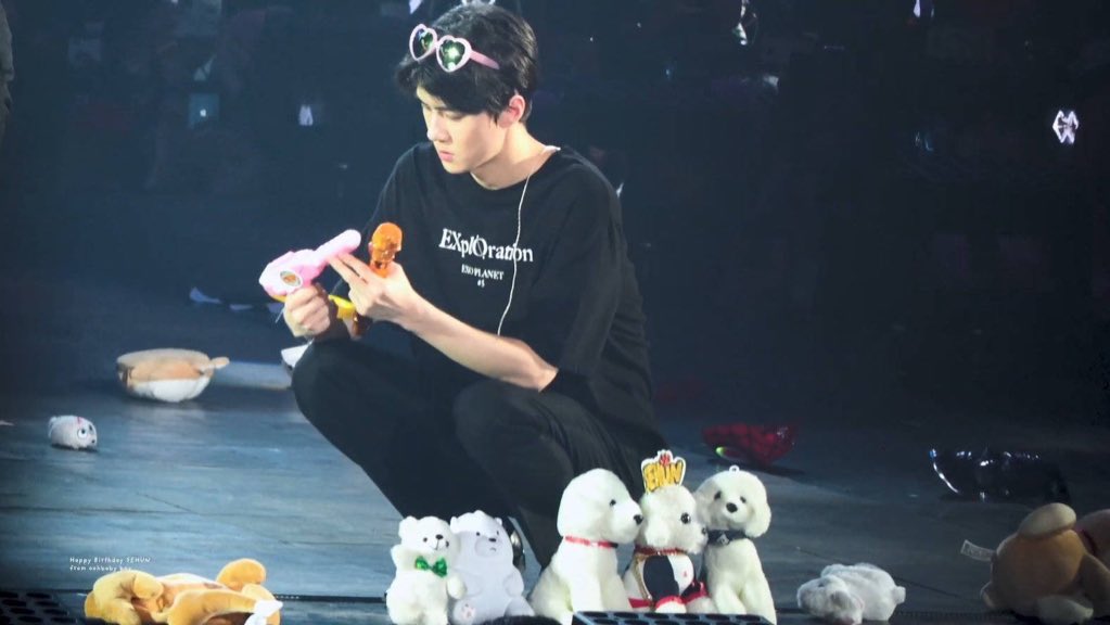 sehunpastry's tweet photo. sehun lining up all the vivi plushies on stage 🫂 https://t.co/twNjvvaW15