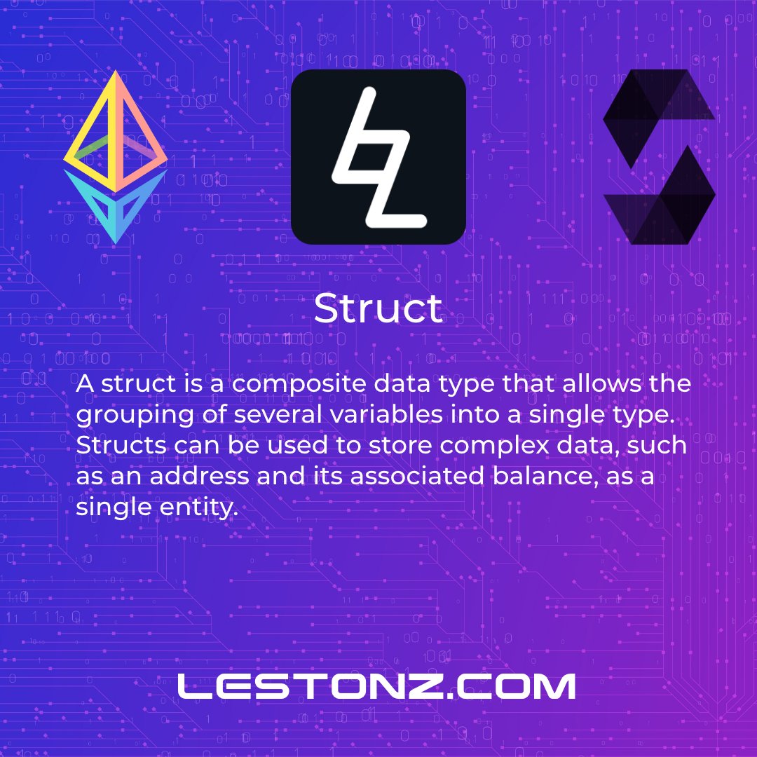 LestonzTECH's tweet image. Struct?

A struct is a composite data type that allows the grouping of several variables into a single type. Structs can be used to store complex data, such as an address and its associated balance, as a single entity.

#makingBetter #lestonz #Blockchain #web3 #smartcontract#BTC