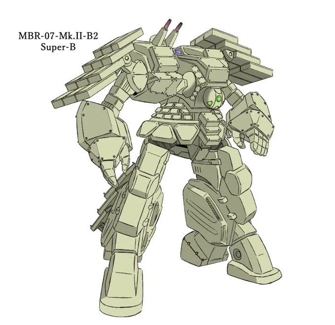 2030年代に開発されたスパルタン改修型 MBR-07-Mk.II B2「Super B(シュパーブ)」センサー、主機の換装に装甲、補助関節の増設など変更点は多岐に渡り、原型機の機動性を保ちながら大幅な防御力を実現したしかし高コストが仇となりセールスは不調で試作3機の製造のみに終わった…という脳内設定 