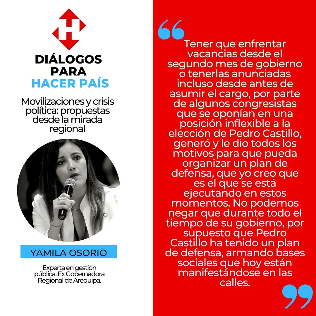 HacerPaisPeru's tweet photo. "DIALOGOS PARA HACER PAÍS"
MOVILIZACIONES Y CRISIS POLÍTICA: PROPUESTAS DE LA MIRADA REGIONAL

El análisis de Yamila Osorio Delgado - Ex Gobernadora de Arequipa
@yamilaosorio https://t.co/2ixqhfpdiz