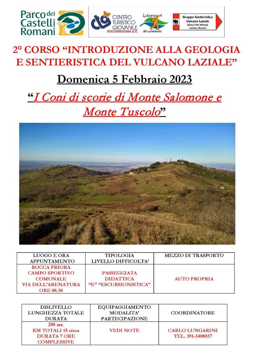 Prosegue domenica 5 febbraio con la quarta tappa il corso di "Introduzione alla Geologia e alla Rete sentieristica del Vulcano Laziale" 🌋, a cura del Gruppo Sentieristica Vulcano Laziale.
Tutte le informazioni al link👉shorturl.at/joUVZ