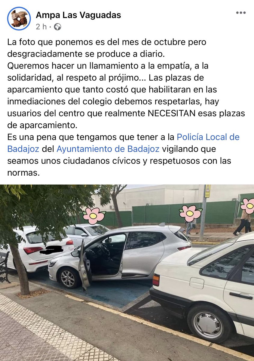 Queremos hacer un llamamiento a la empatía, a la solidaridad, al respeto al prójimo... Las plazas de aparcamiento que tanto costó que habilitaran en las inmediaciones del colegio debemos respetarlas, hay usuarios del centro que realmente NECESITAN esas plazas de aparcamiento.