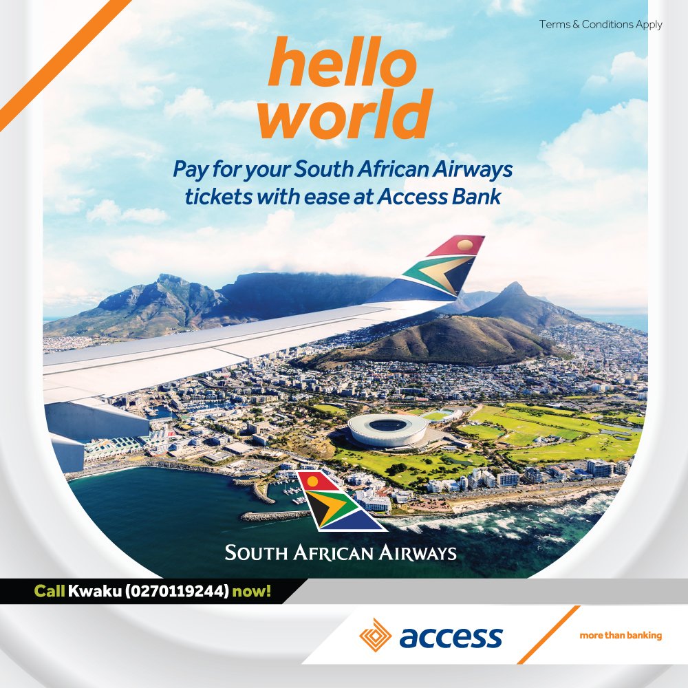AccessBankGhana's tweet photo. Fly to South Africa and back with ease. Pay for your ticket at any Access Bank branch.
Use the link below to get started:
https://t.co/CTwBJdPSid
#FlyWithAccess #MoreThanBanking https://t.co/i0oIzpkOak