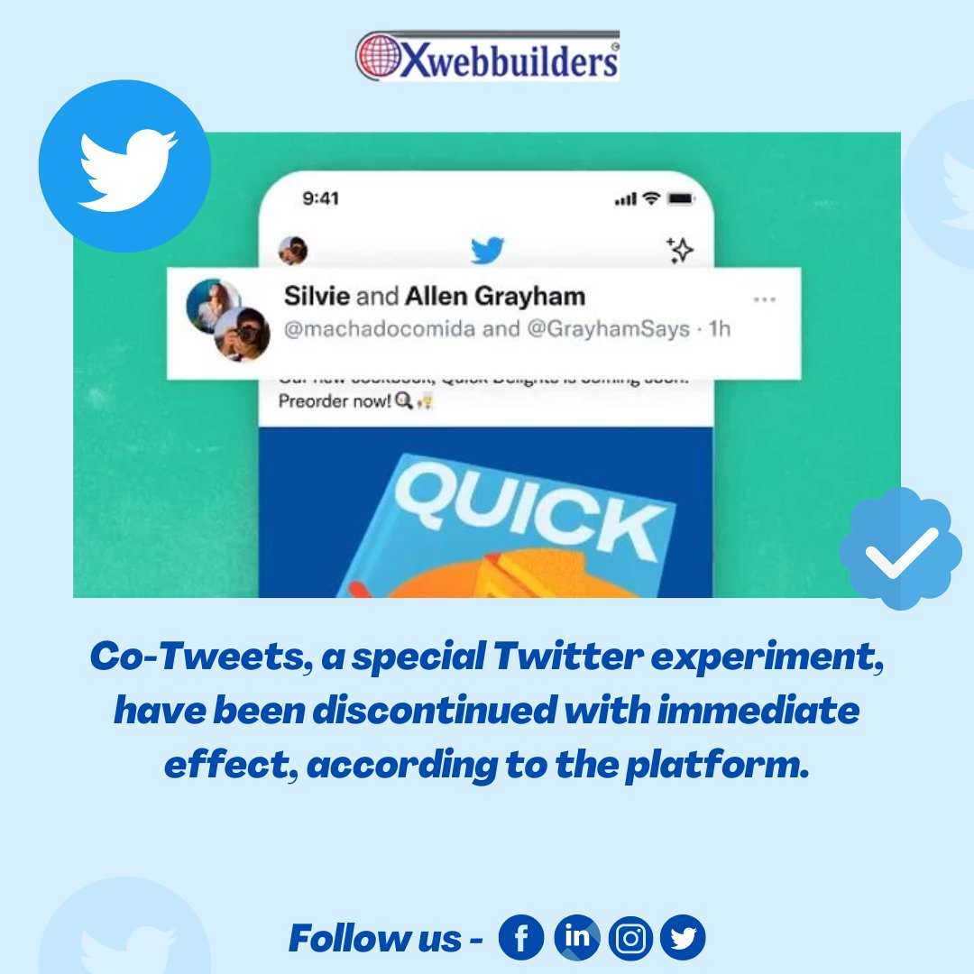 xweb_dotcom's tweet photo. Co-Tweets, a special Twitter experiment, have been discontinued with immediate effect, according to the platform.
.
#xwebbuilders #cotweet #tweets #twitter #twitterpost #platform #twitterpost #post #twitterupadtes https://t.co/0U4bL881l4