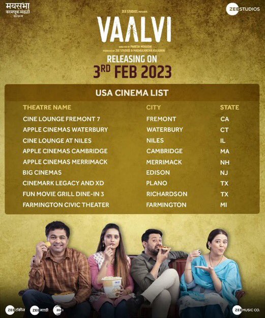 Superhit Marathi Film #Vaalvi USA 🇺🇸 and Australia 🇦🇺 theatre listing.

@swwapniljoshi #AnitaDate @subodhbhave09 #ShivaniSurve #PareshMokashi