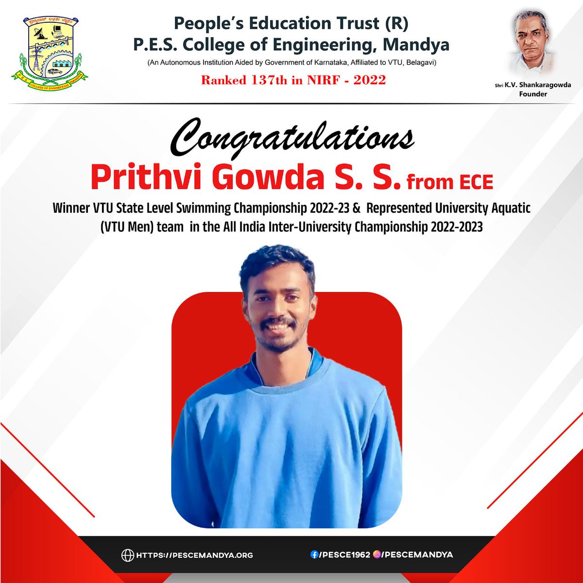 pesce1962's tweet photo. Congratulations Prithvi Gowda S S from ECE Department Winner VTU State Level Swimming Championship - 2022-23 and Represented University Aquatic (Men) team in All India Inter-University Championship–2022-2023
#pesmandya #pescemandya
#pesengineeringcollege #pesce #students https://t.co/AvzeU5uWDa