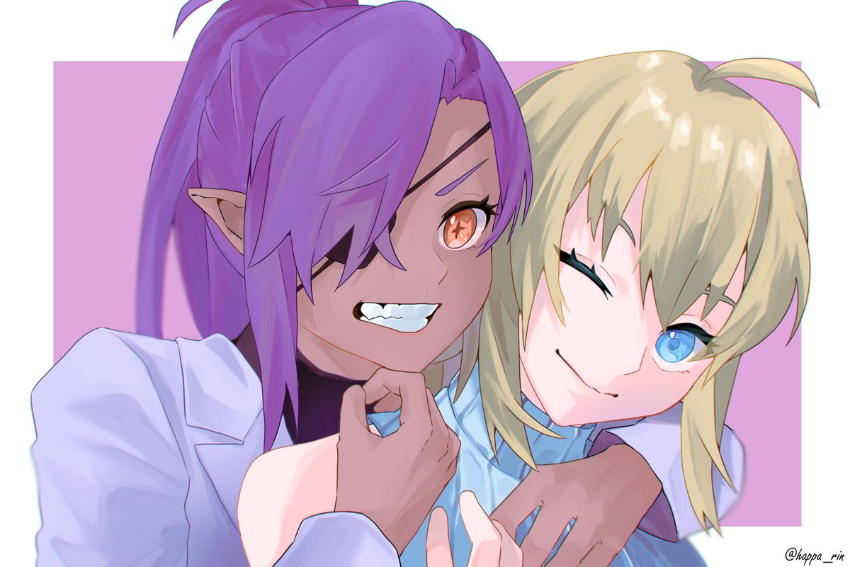 multiple girls 2girls eyepatch dark skin blonde hair purple hair pointy ears  illustration images