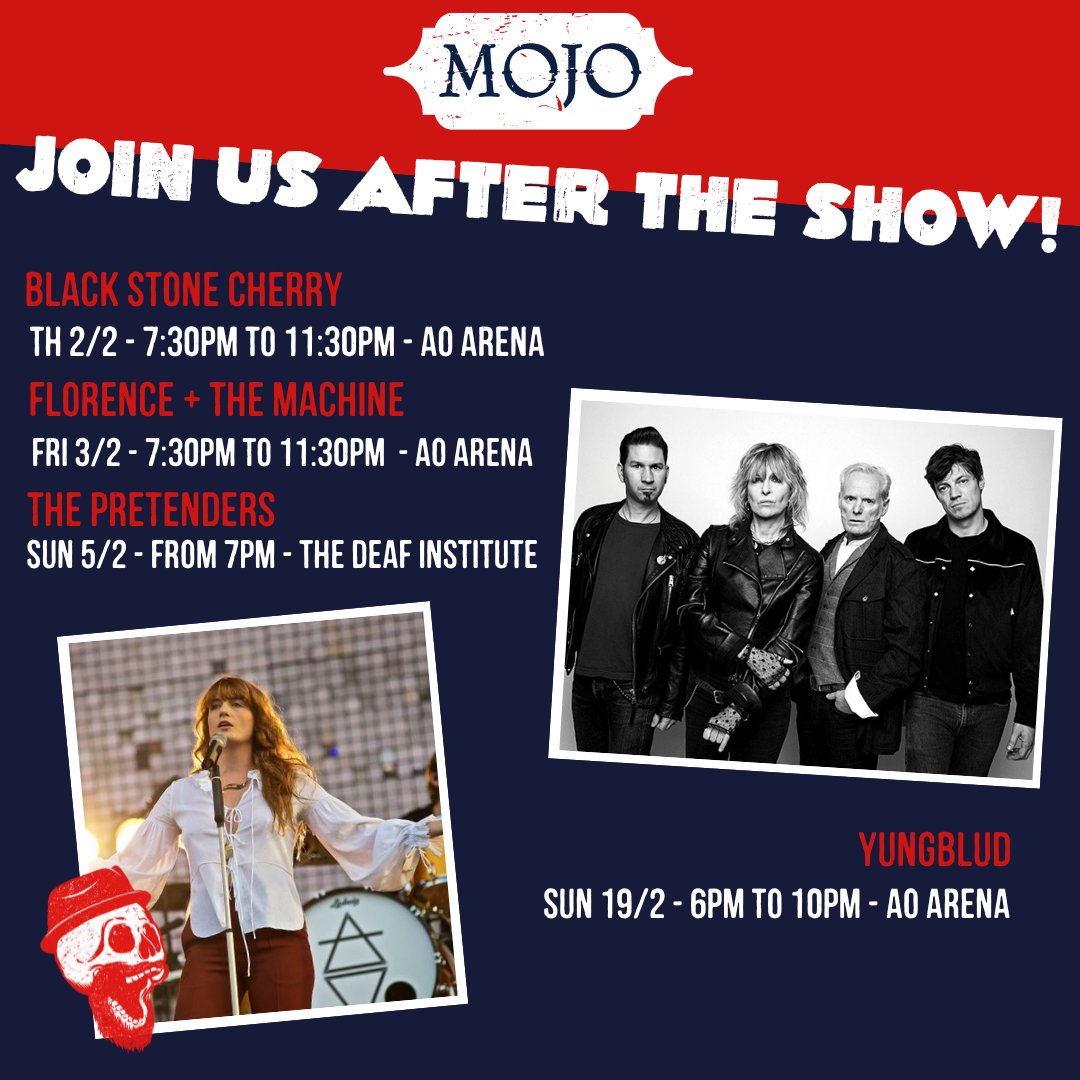 MOJOMANCHESTER's tweet photo. Check out our local gigs this month and join us at MOJO for an epic after party! 🎵

Show us your gig ticket and we'll give you a free shot to kick start your night. Expect good music, great drinks and we're open until late! 🤘

Book now! https://t.co/1z2VaBmNUx https://t.co/zOjhVXEEYR