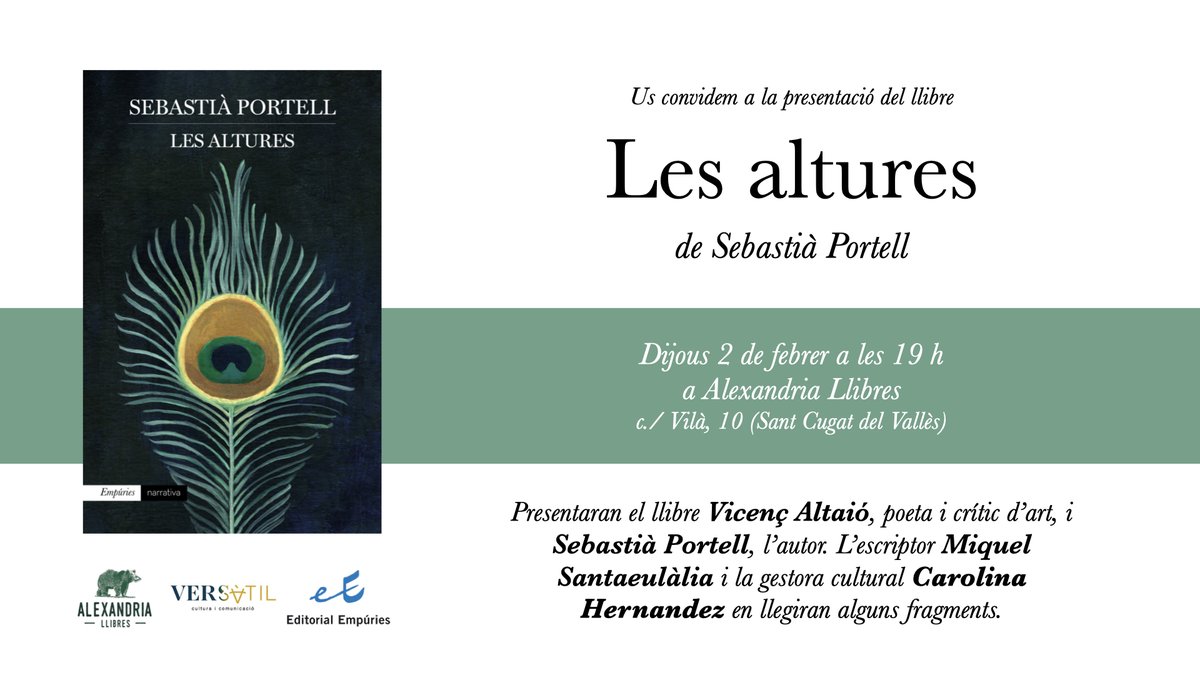 Ed_Empuries's tweet photo. 📆 Demà dijous 2 de febrer, no us perdeu a @sebastiaportell presentant el seu llibre #LesAltures:
⏱️ 19h
📍 A Alexandria Llibres, #SantCugatDelVallès
🗣️ Presentació a càrrec de @Vicencaltaio
📖Lectura a càrrec de Carolina Hernandez i Miquel Santaeulàlia
➡ Us hi esperem https://t.co/2xz6mSrsg9