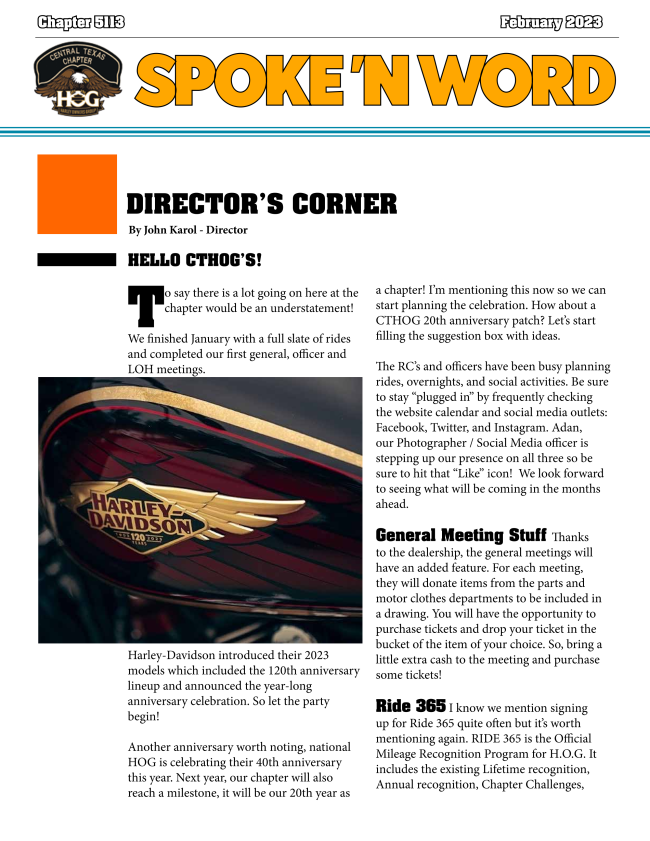 CTHOG's tweet photo. Take a look at the February Newsletter for Central Texas Harley Owners Group!
https://t.co/wd6kzrtqwx https://t.co/fKCSPZbv2W