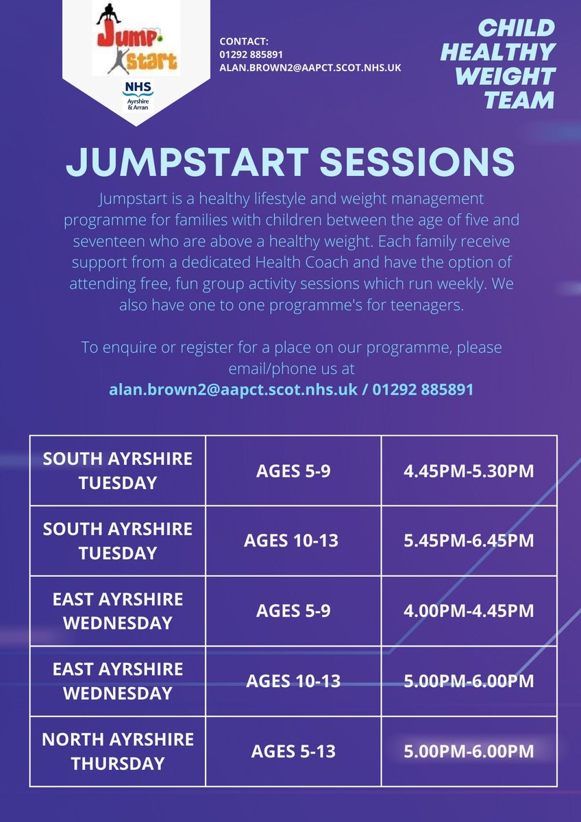 Public Health NHS A&A (@publichealthaaa) on Twitter photo JumpStart is a healthy lifestyle & weight management programme for families with children between the ages of five to seventeen who are above a healthy weight.
To find out more please contact:
📨alan.brown2@aapct.scot.nhs.uk/01292 885891 JumpStart is a healthy lifestyle & weight management programme for families with children between the ages of five to seventeen who are above a healthy weight.
To find out more please contact:
📨alan.brown2@aapct.scot.nhs.uk/01292 885891